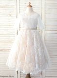 3/4 Scoop Sleeves Tea-length Tulle/Lace Bow(s) Dress Neck Nancy Girl A-Line With - Flower Flower Girl Dresses
