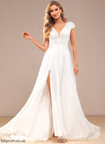 With Lace Annabella Sweep Split V-neck A-Line Dress Front Wedding Train Chiffon Wedding Dresses Lace