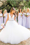 A Line Floor Length Deep V Neck Sleeveless Beach Wedding Dresses