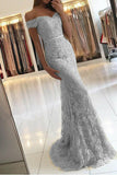 Silver Gray Sheath Brush Train Off The Shoulder Zipper Back Beading Lace Long Prom Dresses