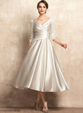 A-Line of the Mother Bride V-neck With Tea-Length Mother of the Bride Dresses Mara Ruffle Dress Satin