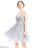 V-neck Estrella Sequins A-Line Dress Tulle Lace With Knee-Length Homecoming Beading Homecoming Dresses