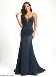 Satin Sweep Sequins Lace Train Patience Trumpet/Mermaid V-neck Prom Dresses With