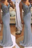 Gray blue chiffon sequins V-neck long dresses evening