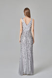 Sexy V Neck Silver Mermaid Prom Dresses, Embroidered Sequins Long Evening Dresses STB15368
