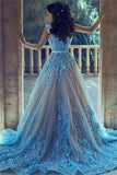 Charming Long Gorgeous Blue Lace Applique Prom Dresses Evening