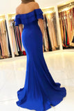 Elegant Off the Shoulder Royal Blue Mermaid Ruffle Sleeve Satin Long Prom Dresses STB15190