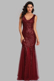 Sexy Burgundy Tulle V Neck Mermaid Sequin Prom Dresses, Evening Party Dresses STB15332