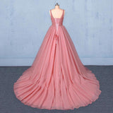Ball Gown V Neck Tulle Prom Dress with Beads, Puffy Pink Sleeveless Quinceanera Dresses STB15074