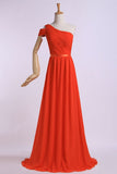 One Shoulder Bridesmaid Dresses A-Line Chiffon Ruched Bodice