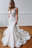 Stunning Mermaid Lace V Neck Backless Wedding Dresses Straps Wedding Gowns STB15438