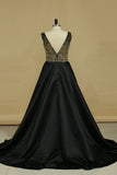 New Arrival A Line V Neck Prom Dresses Satin With