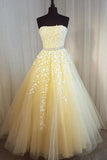A Line Yellow Strapless Tulle Lace Appliques Prom Dresses, Party STB20389
