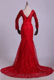 V-Neck Evening Dresses Mermaid With Applique Lace And Tulle Burgundy/Maroon