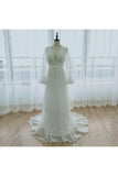 A Line Long Sleeves Deep V Neck Lace Backless Wedding Dresses Long Bridal STBPBASH993