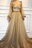 Elegant 3D Flowers Long Sleeve Prom Dresses Golden Rhinestone Evening Dresses STB15143