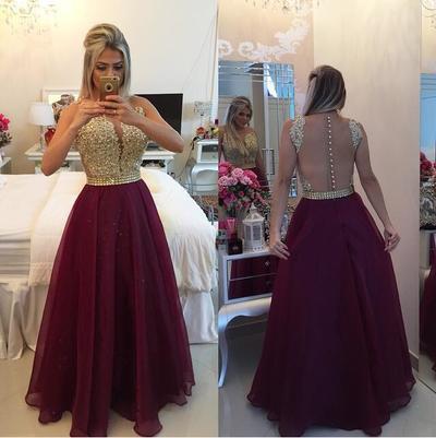 See Through Lace Cheap Unique Burgundy Sleeveless Beads A-Line V-Neck Prom Dresses