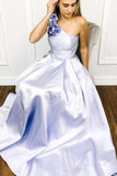 Simple One Shoulder Satin Floor Length Prom Dress With Flowers, Cheap Long Party