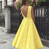 Deep V-neck Homecoming Dress, Cute Yellow Tea Length Lace Prom Dress HCD11