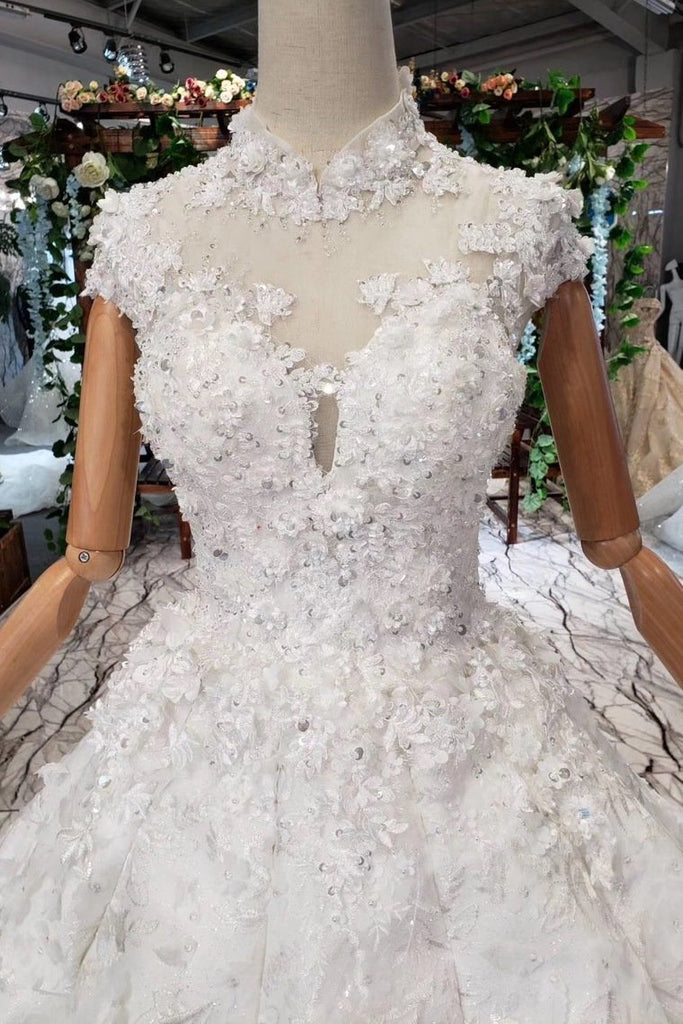 New Arrival Wedding Dresses Cap Sleeves High Neck Ball Gown With Appliques