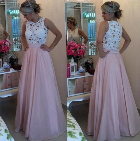 Gorgeous Lace Chiffon A-Line Formal Prom Gown With Pearls Blush Pink Long Prom Dresses