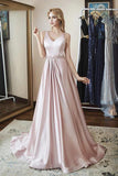 Elegant A Line V Neck Satin Beads V Back Pink Sleeveless Long Prom Dresses
