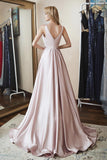Elegant A Line V Neck Satin Beads V Back Pink Sleeveless Long Prom Dresses