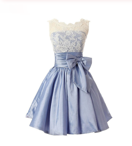 Elegant Scalloped-Edge Knee-Length Blue Homecoming Dress with White Lace Bowknot