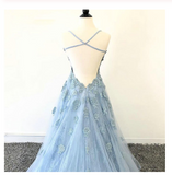 Chic Spaghetti Straps Blue Lace Tulle Long Prom Dresses Evening Dress With Lace Applique