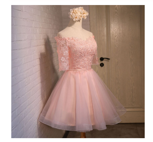 Glamorous A-line Off-the-shoulder Coral Organza Half Sleeves Homecoming Dress With Appliques