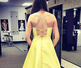 Elegant Yellow Spaghetti Straps A Line Satin V Neck Prom Dresses with Beads Pockets