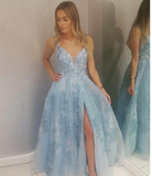 Light Blue Lace Appliques Prom Dresses with Slit Beads V Neck Evening Dresses