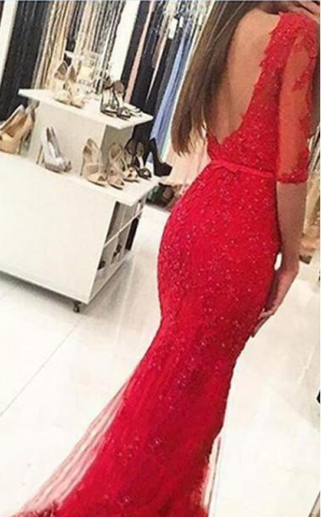 Graceful Red Beaded Lace Long Half Sleeve Backless Floor Length Mermaid prom Dresses