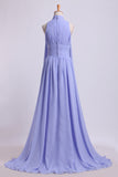 High Neck Prom Dresses Pleated Bodice A-Line Chiffon Sweep STBPQS3MK7G
