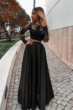 Long Sleeves Scoop Prom Dresses A Line Satin With Applique Two