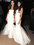 Gorgeous White Tulle Strapless Mermaid Long Cheap Simple Long Bridesmaid Dresses