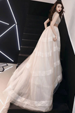Unique V Neck Tulle Lace Long Prom Dress Tulle V Back Evening Dress With