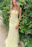 Charming Mermaid Yellow Spaghetti Straps Lace Appliques Prom Dresses with Criss Cross STB15113