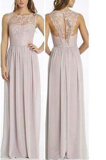 Round Neckline Illusion Lace Top Chiffon A-line Popular Open Back Bridesmaid Dresses