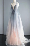 Simple Deep V Neck Ombre Tulle Halter Sleeveless Prom Dresses Backless Formal Dresses STB15391
