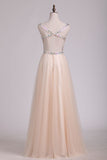 Beaded Bodice V Neck Backless A Line/Princess Prom Dress With Tulle Skirt