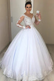 Ball Gown Illusion Sleeves White Wedding Dress With Lace