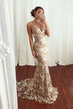 Sexy Mermaid V neck Lace Appliques Long Prom Dresses Spaghetti Straps Formal Dresses STB15342