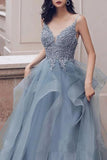 Spaghetti Straps Blue Gray Tulle V Neck Long Ruffles Prom Dresses with Lace Applique STB15411