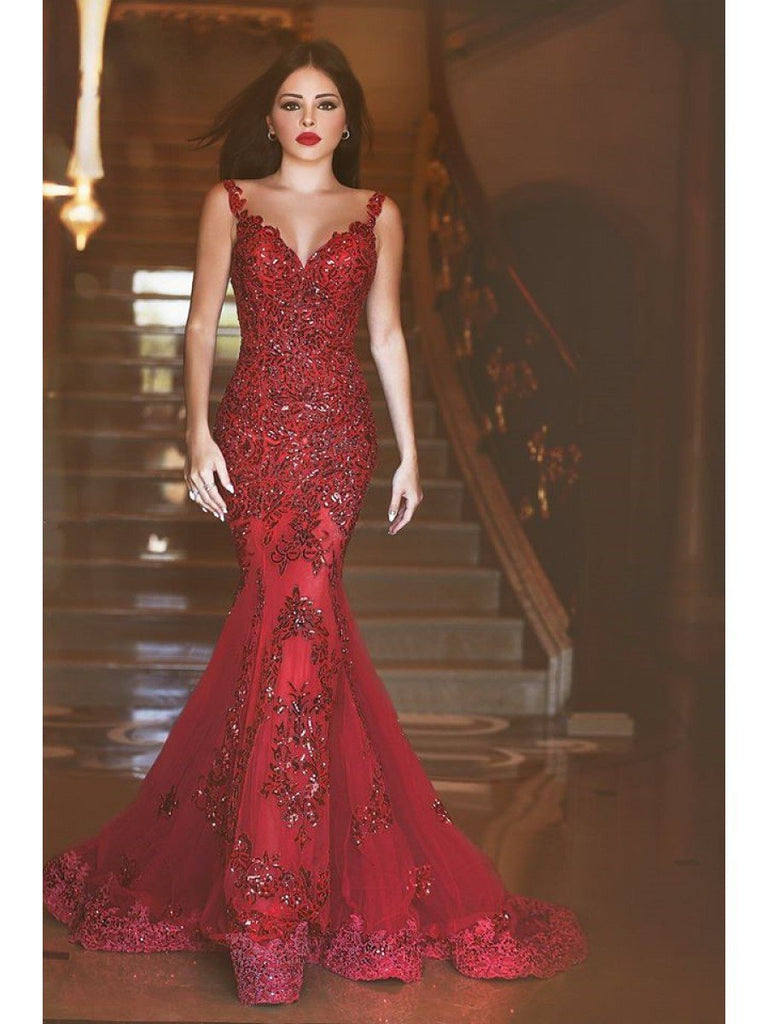 Gorgeous Red Mermaid V-neck Backless Prom Dresses with Beading Appliques For Spring Teens