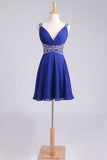 Homecoming Dresses Straps A-Line Short/Mini Chiffon With Beads And Ruffles Dark Royal Blue