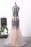 New Arrival Scoop High Neck Tulle With Applique And Beads Mermaid Prom