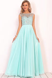 A Line Boat Neck Chiffon Prom Dresses With Beading Floor Length