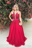 A Line Scoop Tulle Prom Dresses With Applique And