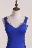 New Arrival Spaghetti Straps Column Prom Dresses With Beading And Applique